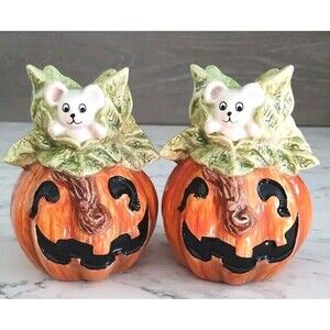 Vintage Fitz & Floyd OGI Halloween Pumpkin Mouse Taper Candleholder Set of 2